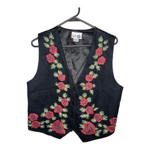 Vintage Wool-Blend Needlepoint Embroidered Roses Vest M